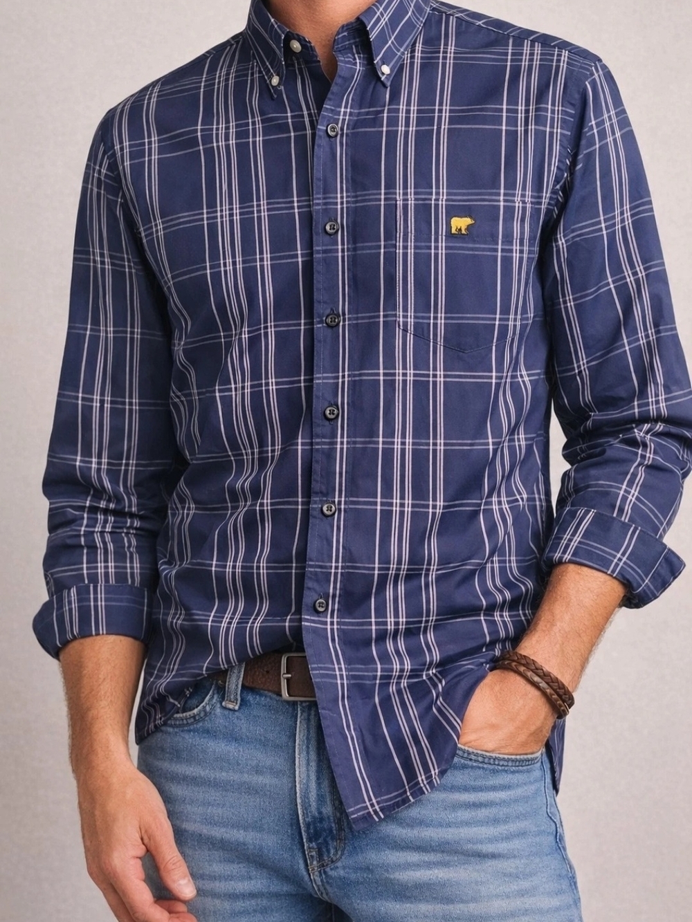 Jack Nicklaus Golf Shirt XL Blue Plaid Button Down Long Sleeve Bear Logo Cotton